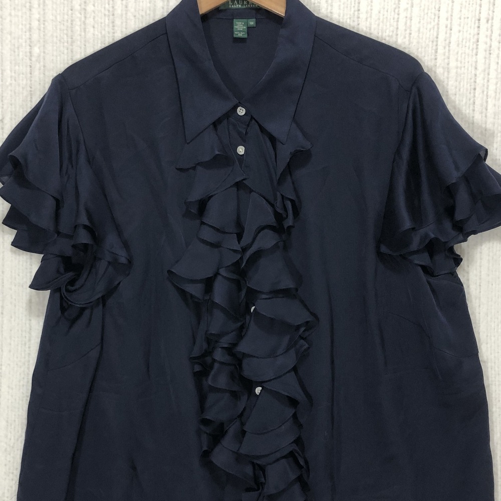 Lauren Ralph Lauren Navy Blue 100% Silk Ruffle Front Flutter Sleeve Blouse 18W